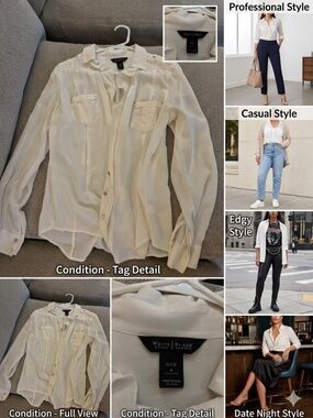 White House Black Market 100% Silk Button Down Blouse - Size 8 - Cream Utility S